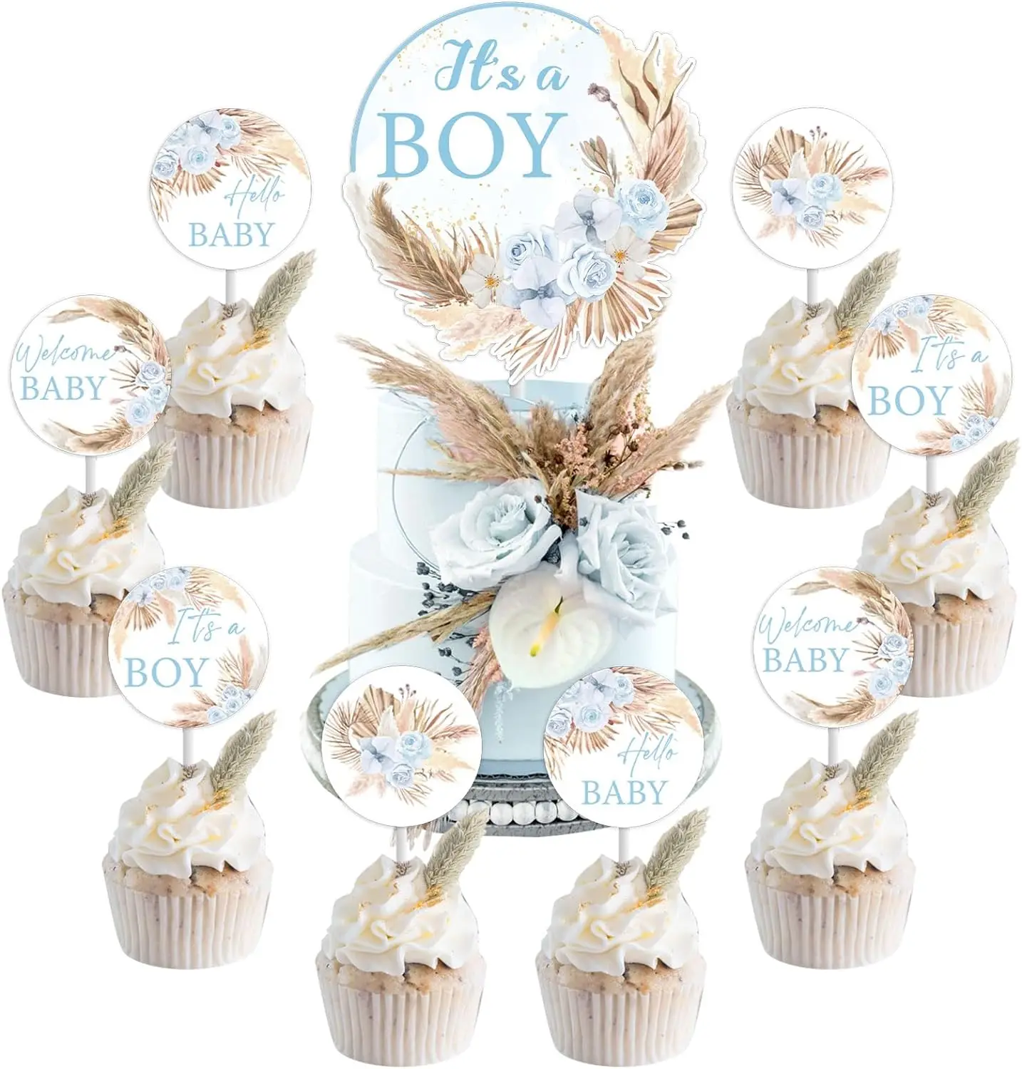 

25pcs Boho Baby Shower Cupcake Toppers Boho Pampas Grass Decor Floral Baby Shower Table Decor for Gender Reveal Birthday Party