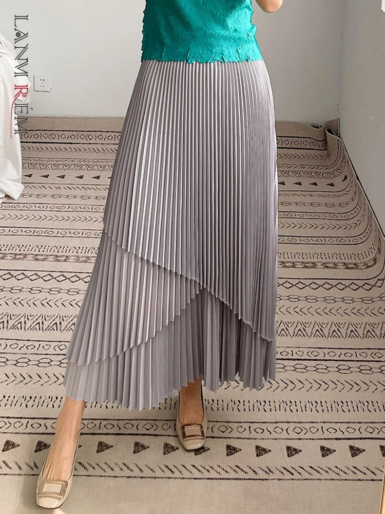 LANMREM Women Irregular Pleated Skirt Summer Elastic High Waist Female
