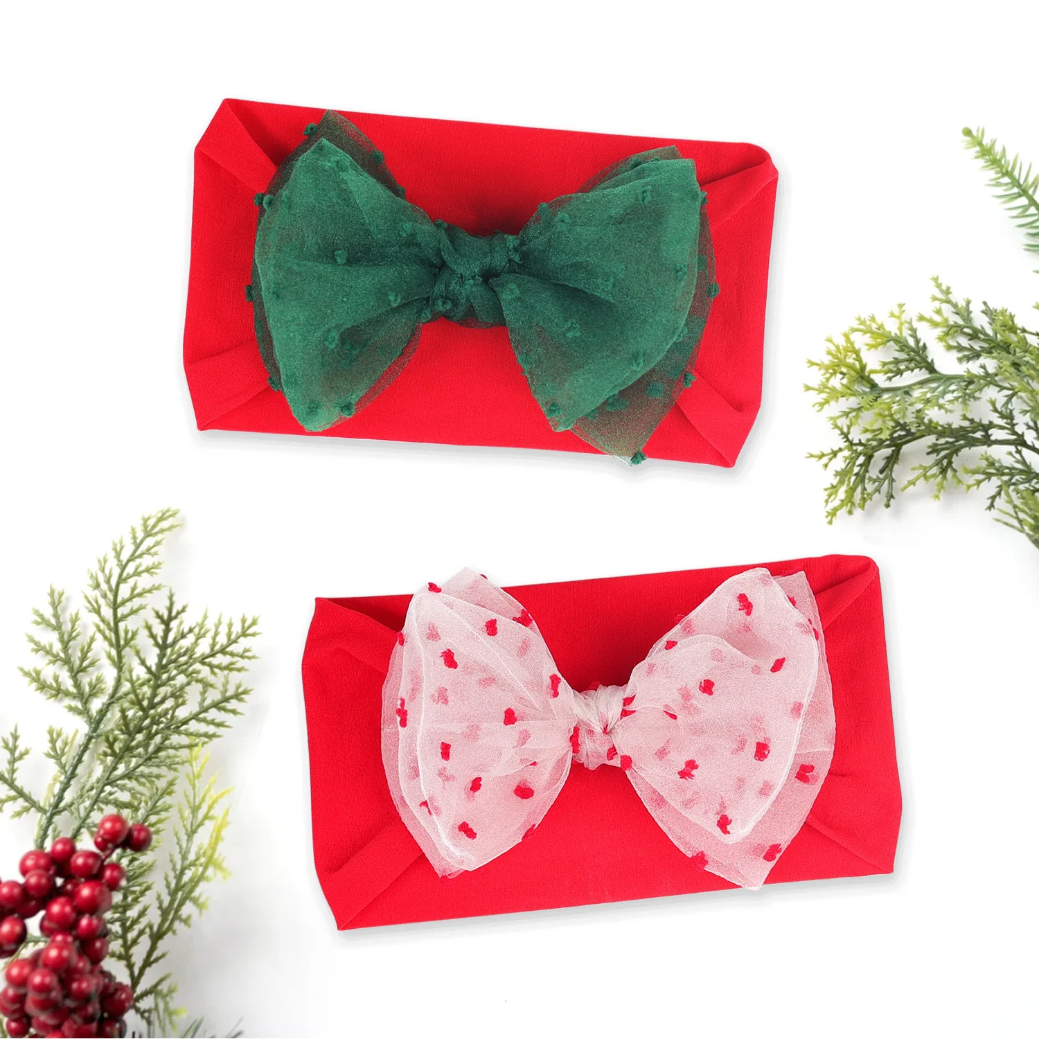 

Newborn Baby Christmas Headband Green Red Double Layer Mesh Bow Headwear Nylon Hairband Infant Toddlers Girl Headdress