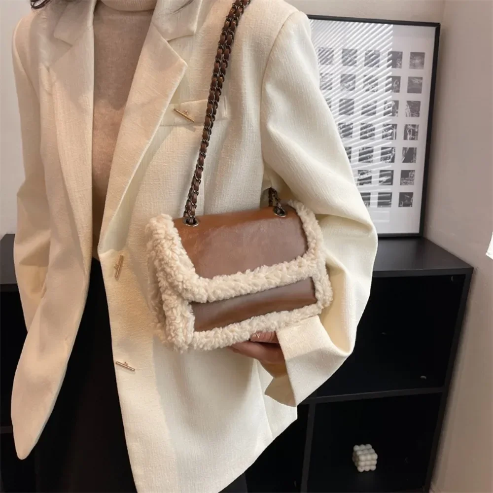 Retro Chain Shoulder Bags for Women PU Leather Fleece Flap Handbag Tote Fashion Female Faux Suede Splicing Crossbody Bag 숄더백