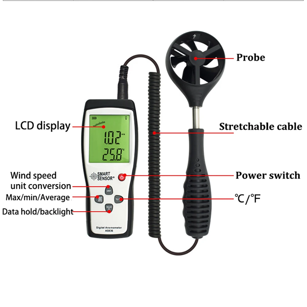 SMART SENSOR AS836 Digital Air-Flow Gauge Anemometer Wind Speed Meter Temperatur