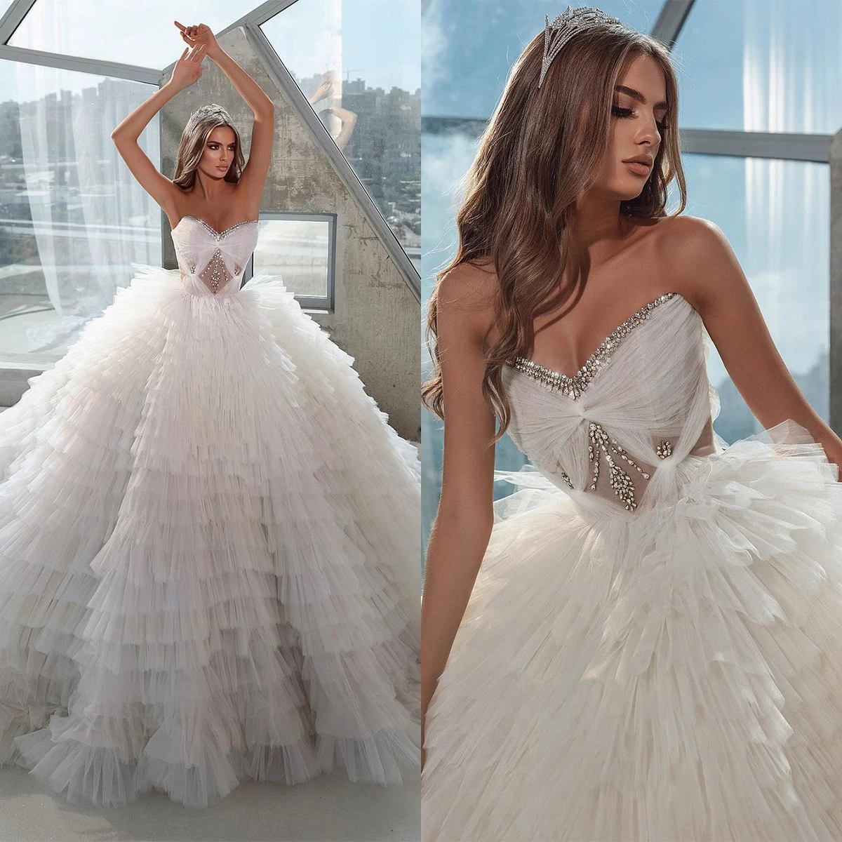 

Exquisite V Neck Wedding Dress Crystals Tiered Ruffles Bridal Gowns Custom Mades Sleeveless Chapel Train Vestido de novia