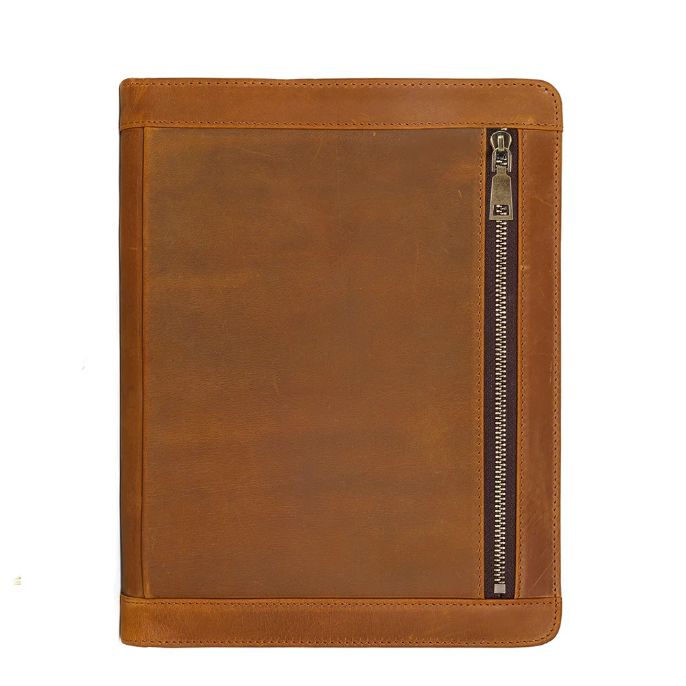 

Portfolio Genuine Cowhide Leather Zippered File Folder Business Case Organizer Bag for IPad A6 Notebook Card Holder