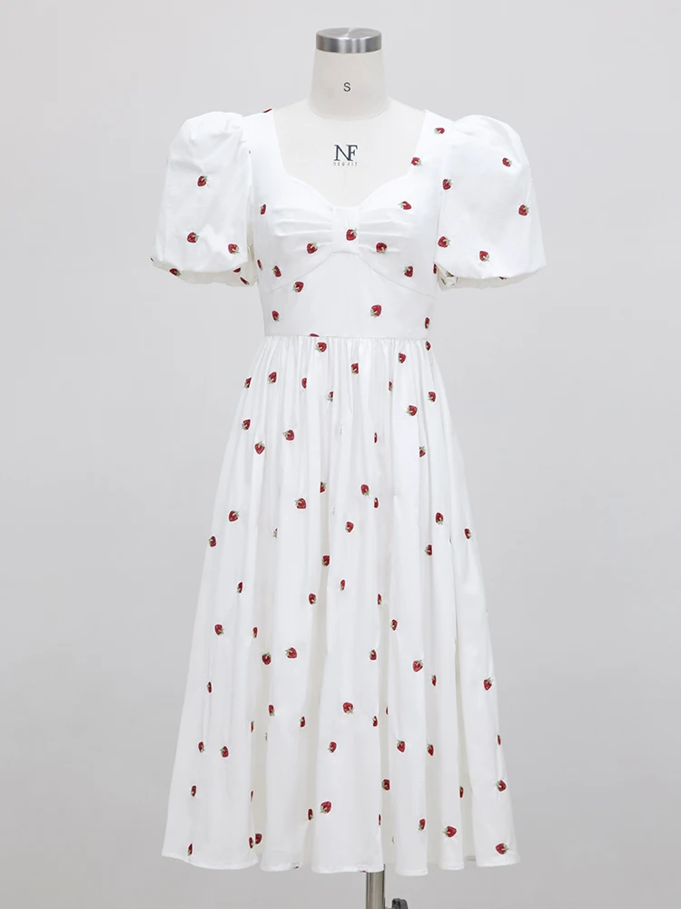 

YIGELILA Fashion Women Summer Dress Elegant Retro Square Collar Puff Sleeve Dress Empire Slim A-line Dress Mid-length 66521