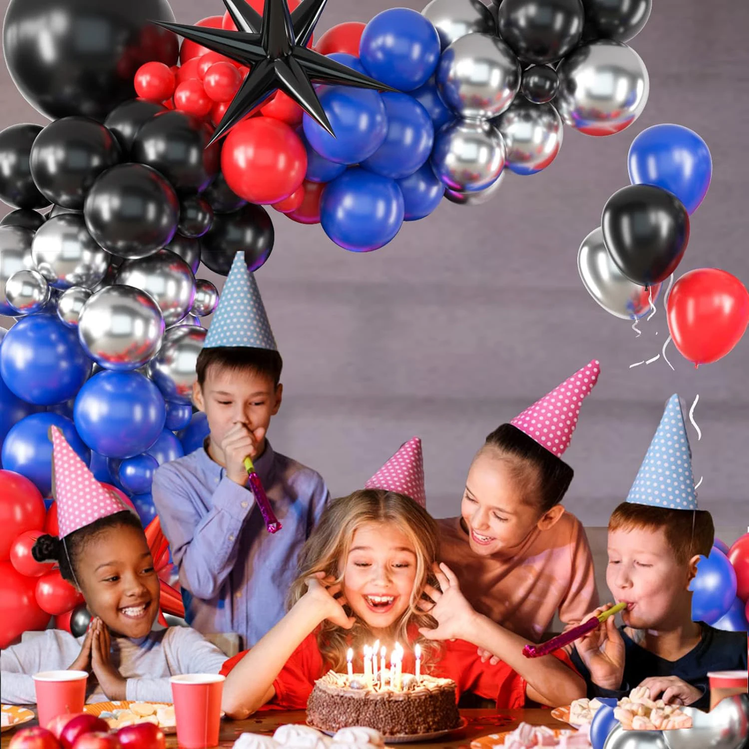 블랙 레드 및 블루 풍선 아치 화환 세트, 거미 테마 풍선, 거미 테마 생일 파티 장식, 136 개