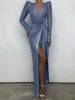2023 New arrival fashion sexy sequins V-neck slim fit evening dress long sleeved elegant split tailing gown women clothing 1