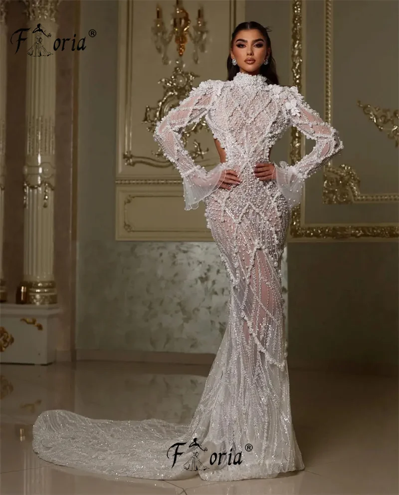 

Elegant Ivory Pearls Lace Evening Dress Long Sleeves Open Back Couture Wedding Party Gown Beach vestidos elegantes feminino