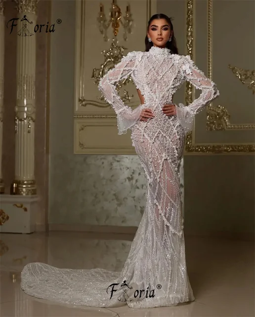 エレガントなアイボリー真珠レースのイブニングドレス長袖オープン  