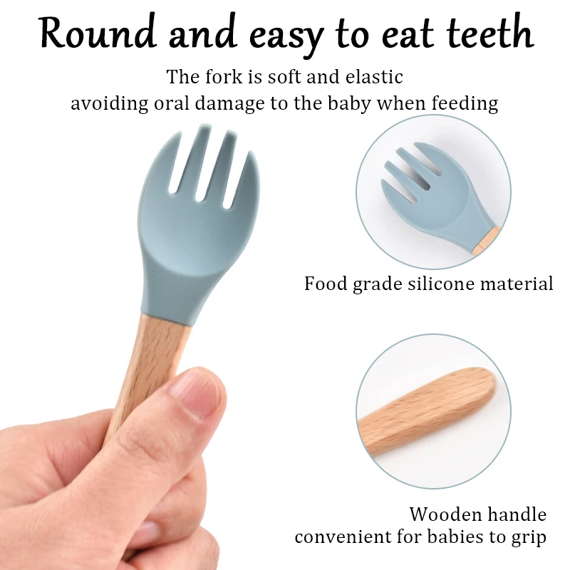 Baby Fork&Spoon Set Soft Silicone Head with Non-Slip Wooden Handle BPA Free Dishwasher Safe Ideal for Toddler Meals (6+ Months) 2