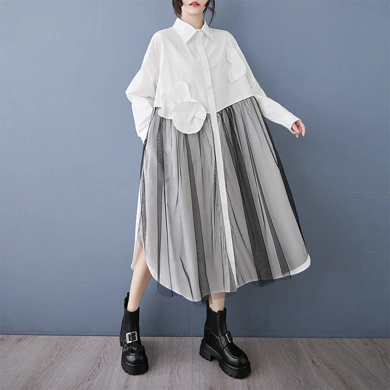 #2609 Black White Women Irregular Shirt Dress Long Sleeve Loose Split Joint Mesh A-line Midi Dress Ladies Single Breasted Spring 5