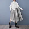 #2609 Black White Women Irregular Shirt Dress Long Sleeve Loose Split Joint Mesh A-line Midi Dress Ladies Single Breasted Spring 5