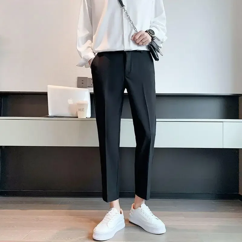 thumbnail image 1 of Pantalones de trabajo refrescantes para hombres, pantalones de oficina de seda de hielo, trajes rectos para hombre, tela clásica, sastrería coreana, reseñas, muchas novedades, 1 of 4