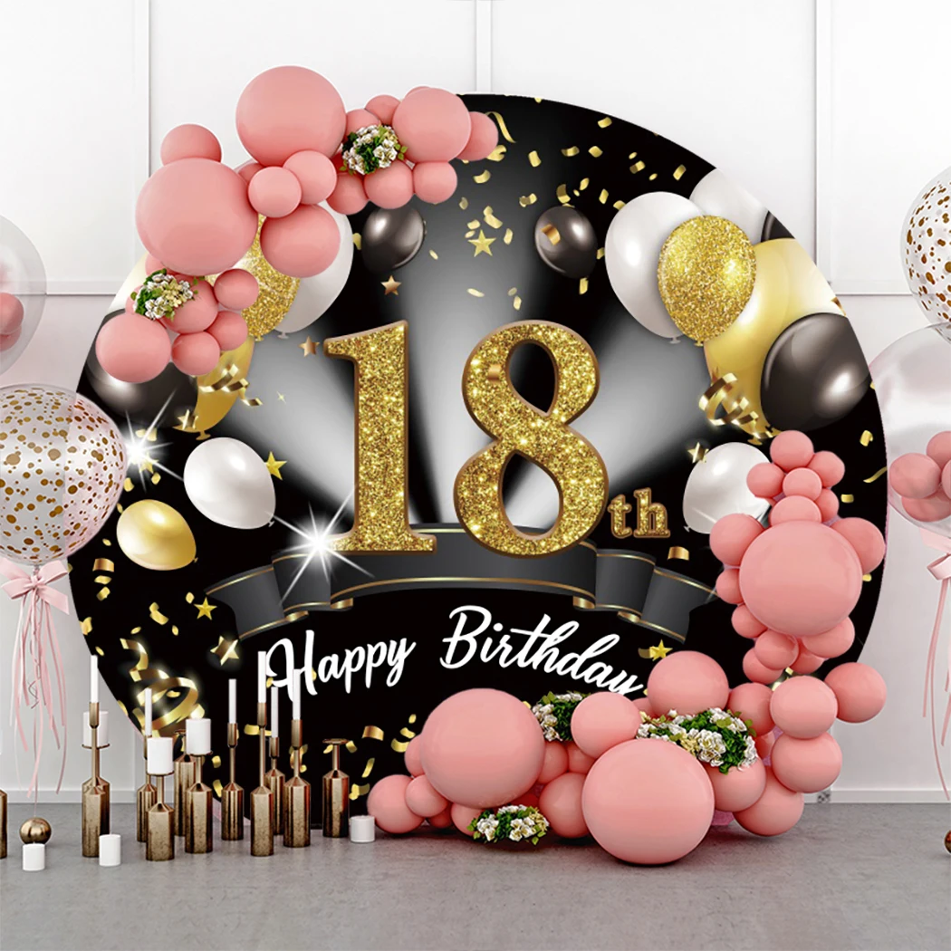 

Laeacco Adults 18th Birthday Round Backdrop Black and Gold Balloon Stars Party Decor Portrait Customized Photography Background
