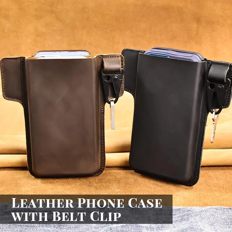 Custodia Per Fondina Per Telefono In Vera Pelle A Doppio Strato RIYAO Custodia Per Cellulare Da Uomo Con Clip Da Cintura Marsupi Trasporto Verticale - Foto 4