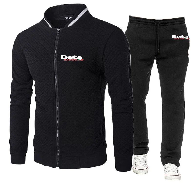 2023 Spring Autumn Men's Beta Racing Motocross Motorcycle Print Casual Round Neck Lattice Jacket+Sweatpants Slim Fit Sports Sets