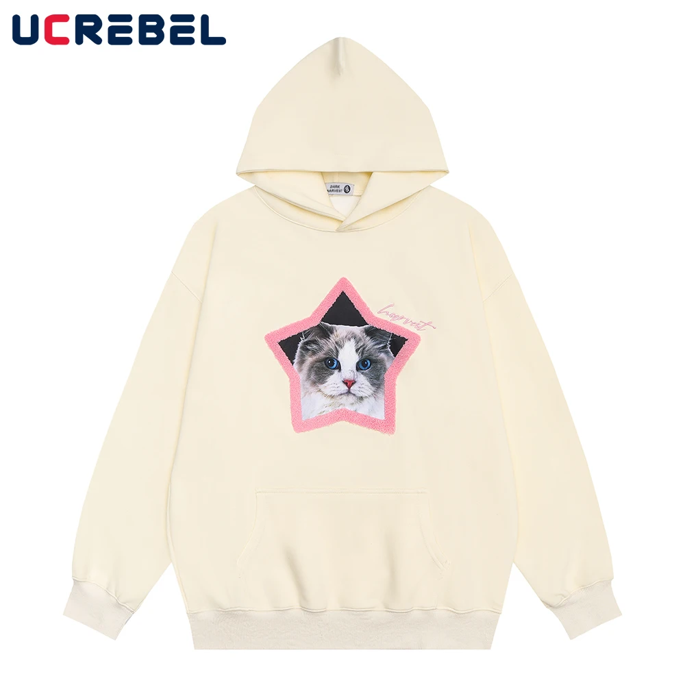 

Cat Print Hooded Sweatshirts Mens Vibe Style Casual Five-pointed Star Plush Loose Autumn Long Sleeve Hoodies Men