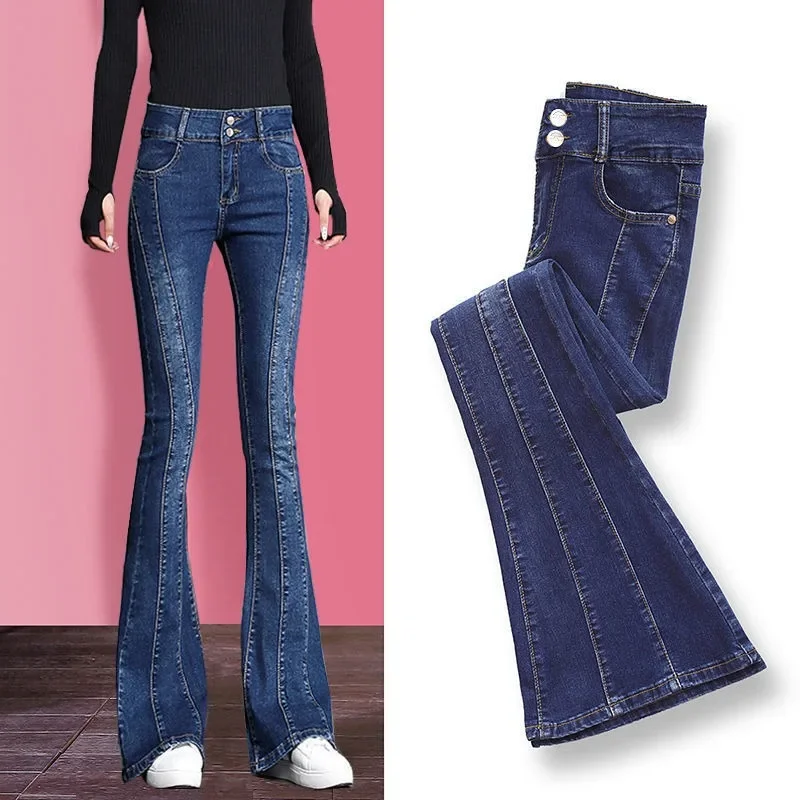 New Streetwear Patchwork Skinny Flare Jeans Vintage Stretch Denim Bell Bottom Pants Women Fashion Cowboy Mopping Trousers