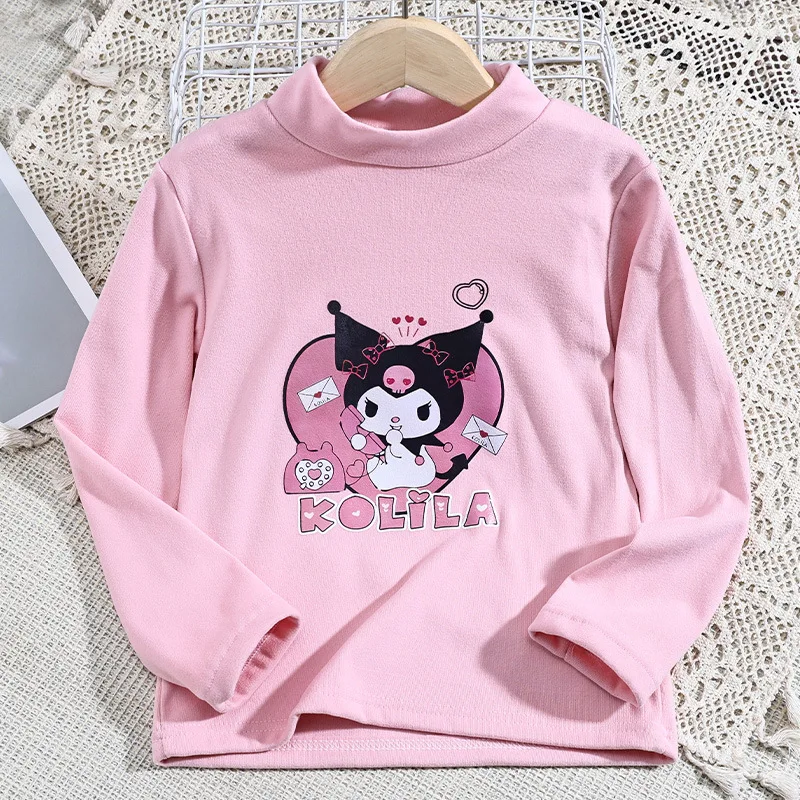 

Топ с круглым вырезом Kuromi аниме серия Sanrio нижняя рубашка для девочек детская одежда кавайная мультяшная Весенняя футболка с длинным рукавом
