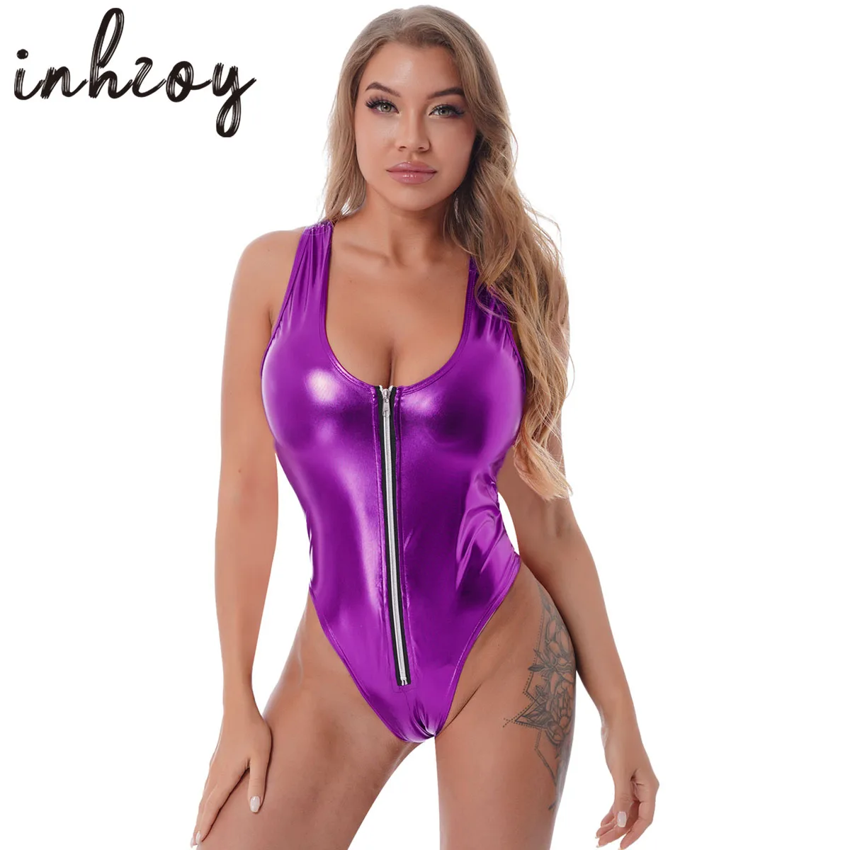 Women Shiny Buckle Neck Long Sleeve Leotard Bodysuit Open Front Catsuit  Clubwear