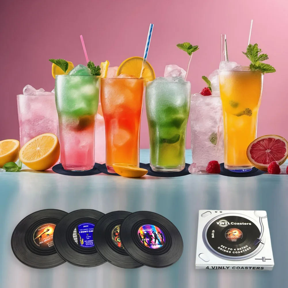 4pcs Vinyl Record Coasters Heat-resistant Spinning Drinks Coasters Practical Vinyl Record Cup Mat for Home Kitchen Decor