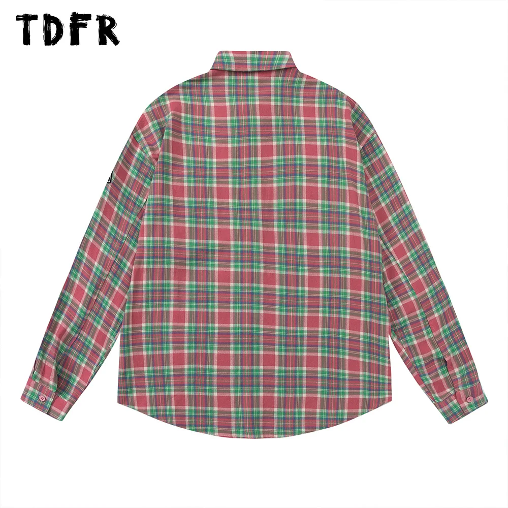 Patch Embroidery Plaid Shirt Mens Retro Casual Loose Pocket Lapel Single Breasted Long Sleeve Shirts Men