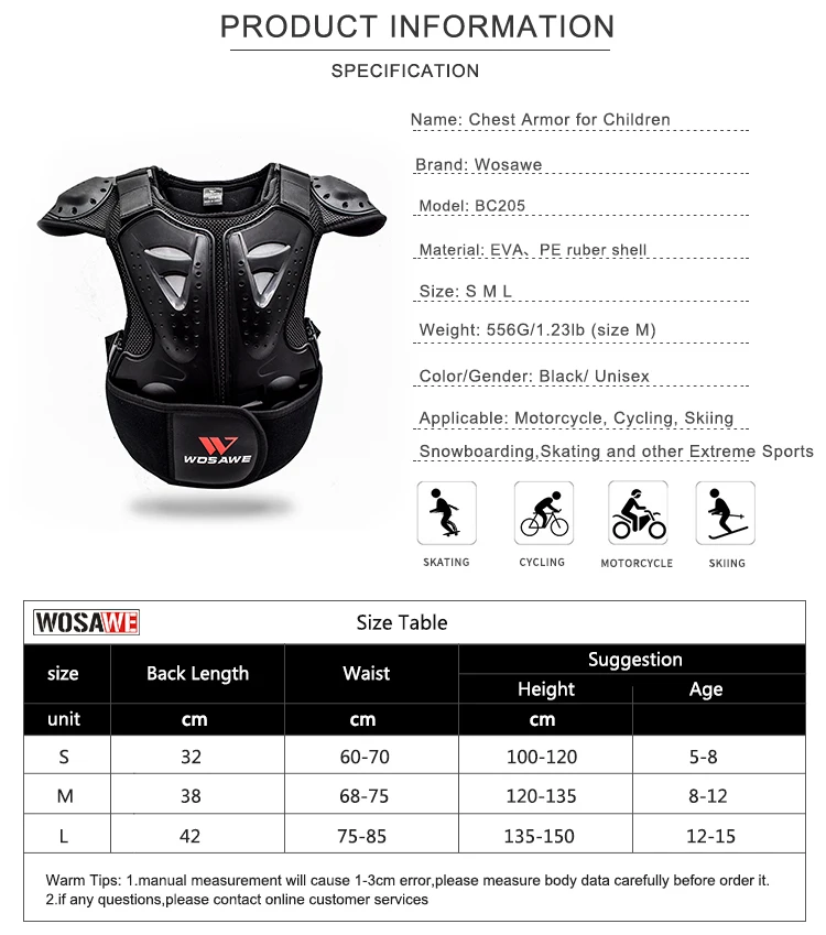 WOSAWE Enfants Dirt Bike Corps Poitrine Poitrine Gilet Équipement De  Protection Veste Armure Cyclisme Ski Protection L : : Mode