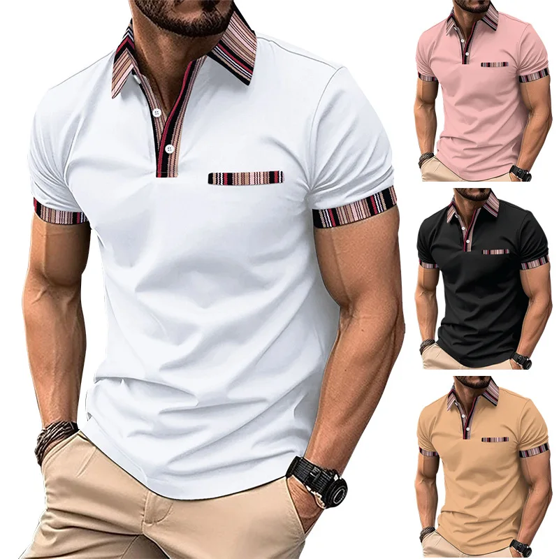 

GZMS-New Men's CasualPOLOShirt Chest Faux Pocket3DPrinted Collar Button Versatile MenTT-shirt