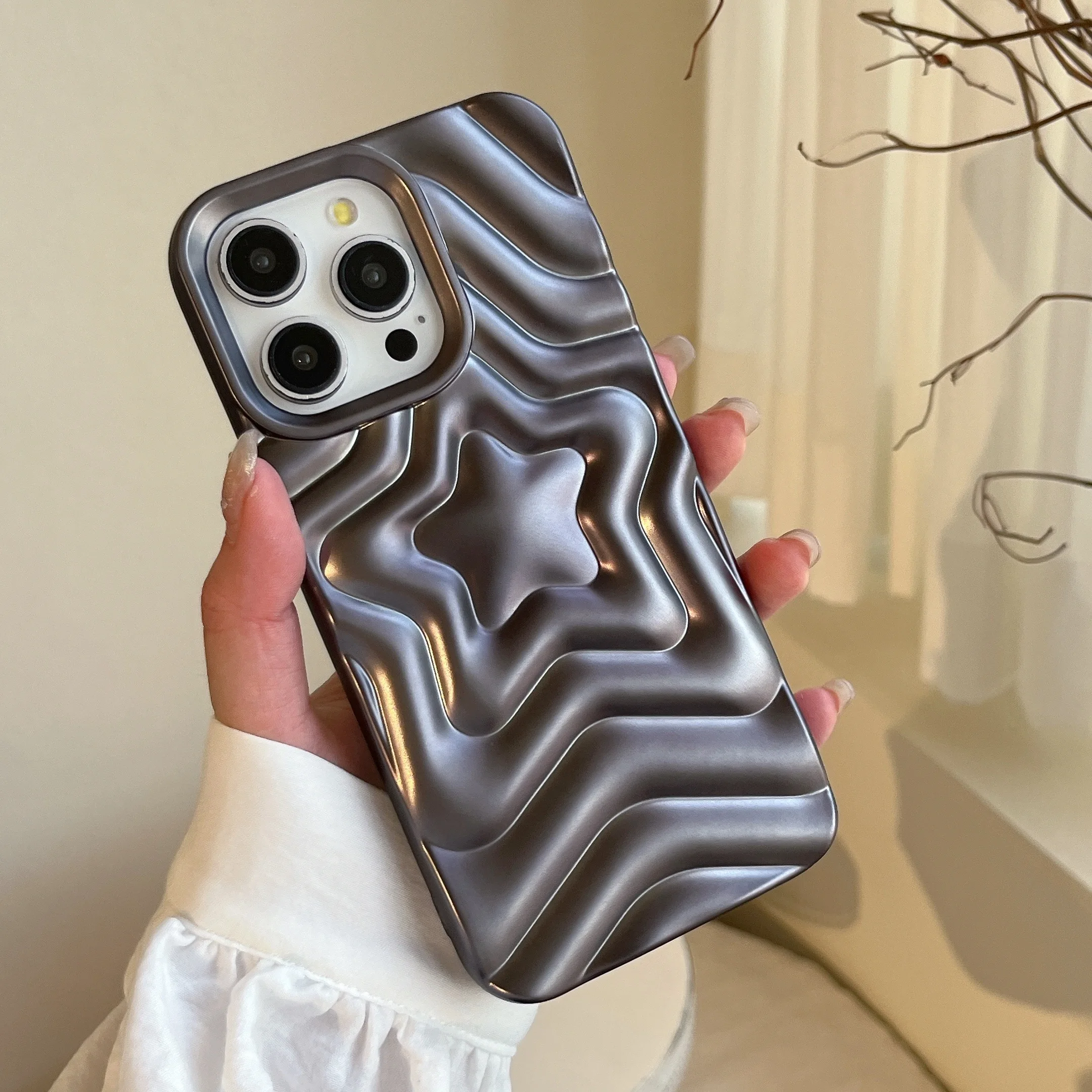 Gun Color Wave Pattern Shockproof Solid Phone Case with 3D Star Ripples Design