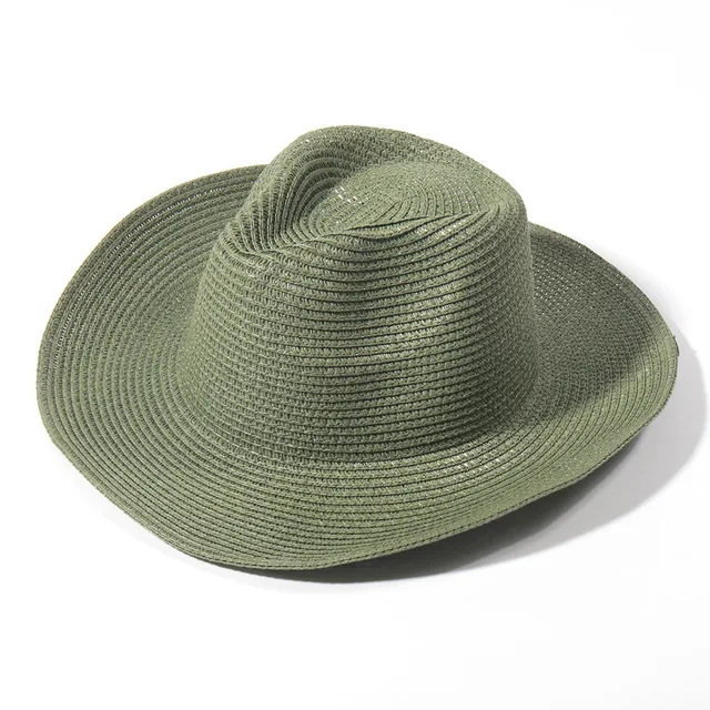 Vendita calda Cappelli da cowboy verde erba da uomo e da donna, in paglia, monocromatico, in feltro, con tesa larga, cappello da cavaliere da spiaggia all'aperto, шляпа женская_voghion.com
