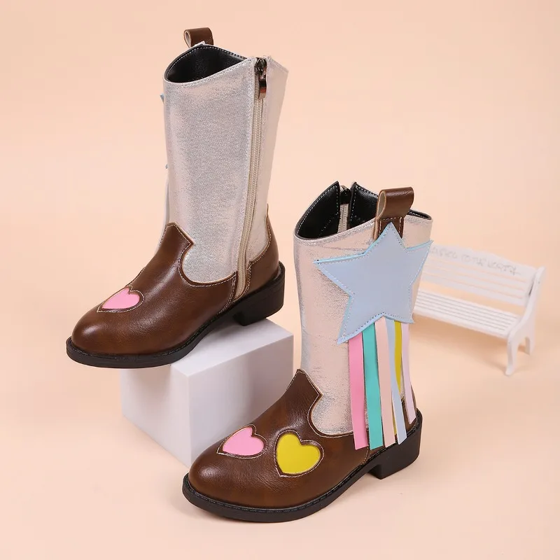 Girls High Boots Bohemian Style Kids Princess Riding Boots Side Zipper 2025 Autumn Winter New Children Mid-calf Boots Versatile