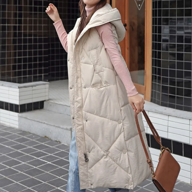 2023 New Female Hooded Sleeveless Outwear Long Waistcoat Women Autumn Winter Korean Loose Warm Thick Cotton Padded Vest Overcoat