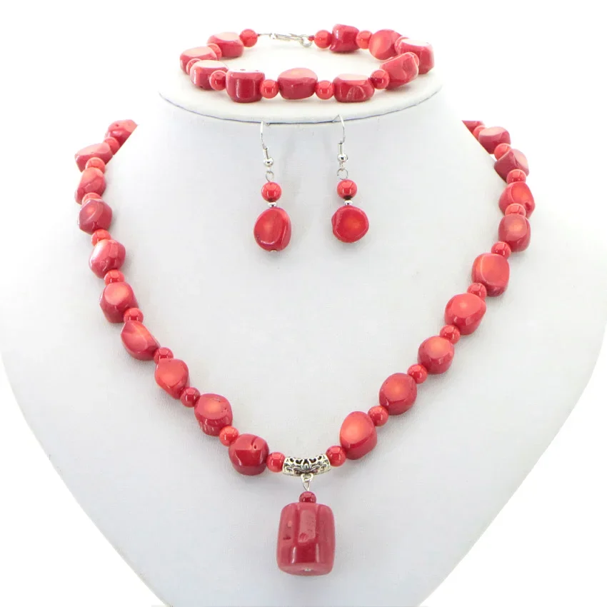 

Red Coral Irregular Necklace Bracelet Earrings Pendant Sets for Women Isolation Beads Fine Jewelry Handmade Charm Natural Stone