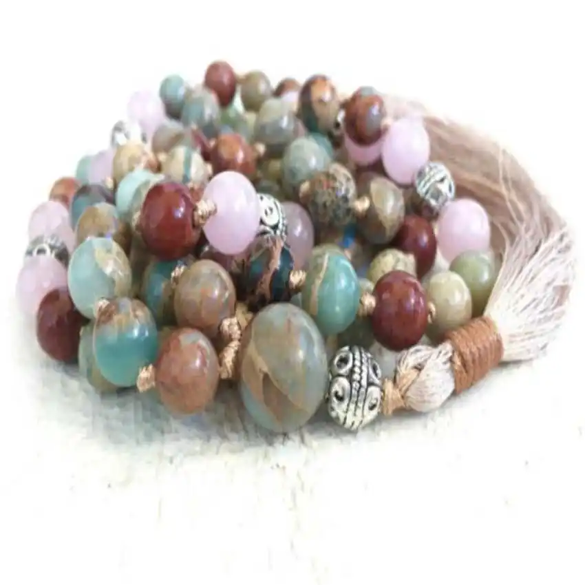 8mm Gemstone Silvery Tassels 108beads Necklace Women Unisex Choker Prayer Formal Event Gift Yoga Spiritual Spiritual Seekers