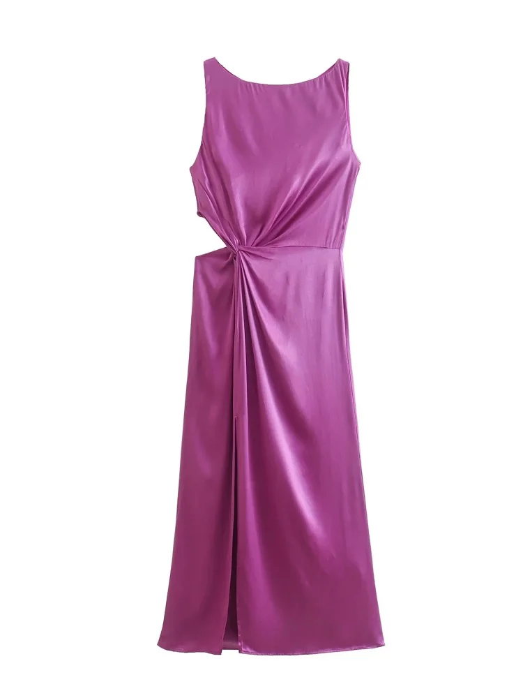 Slmd 2022 Women Fashion Elegant Purple Satin Midi Dress Female Side Out Waist Knot Back Zipper