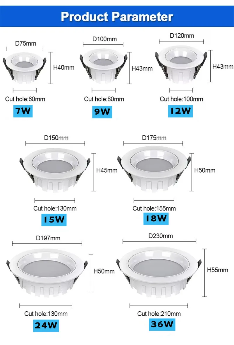 Round Anti-glare Recessed LED Downlight Lamp 9W 12W 15W 18W Dimmable Ceiling Spot Panel Bulbs 24W 36W For Interior Lighting