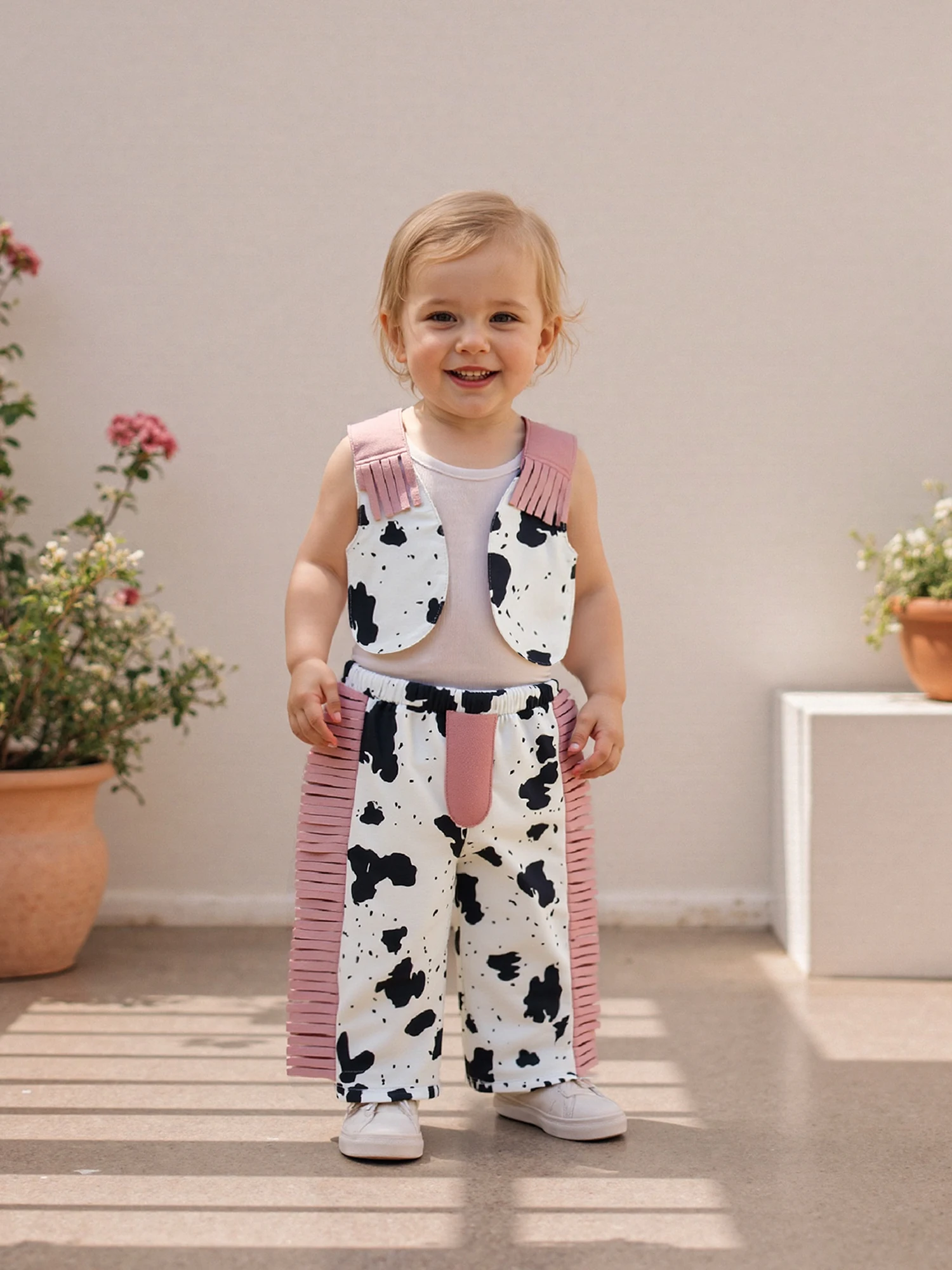 FOCUSNORM 0-4Y Mode Kinder Mädchen Kleidung Sets Outfit Ärmellose Kontrast Farbe Kuh Druck Weste mit Quasten Hosen – Detail 3