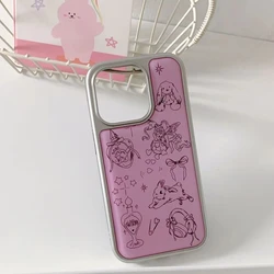 Elegant Pink Electroplated Drip Glue Phone Case with Cute Sketch Illustration - iPhone 15 Plus (1)