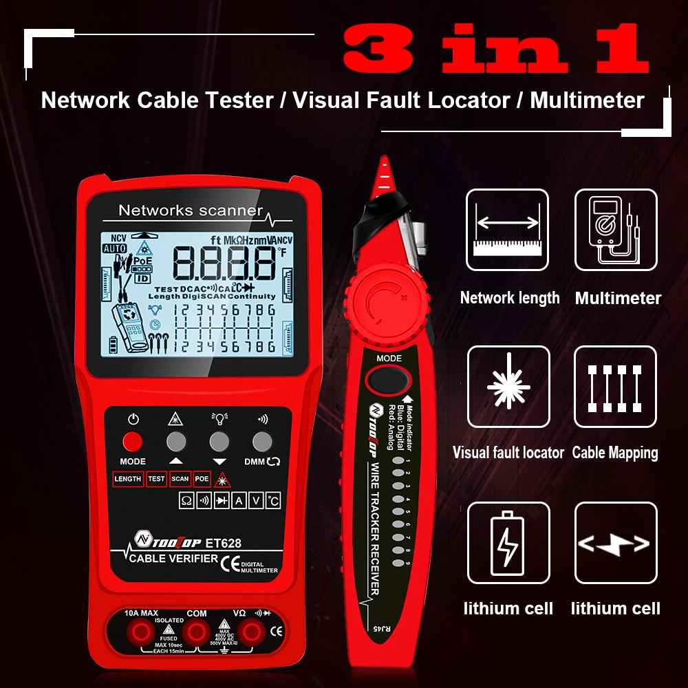 

Тестер сетевого кабеля ET628 3 в 1, Визуальный дефектоскоп, перезаряжаемый сетевой линейный прибор для обнаружения проводов, мультиметр, красная флейта