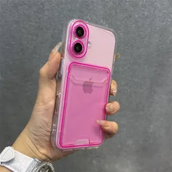 Candy Color Transparent Card Holder Case - Clear Soft TPU Wallet Cover - iPhone 15 Plus (RoseRed)