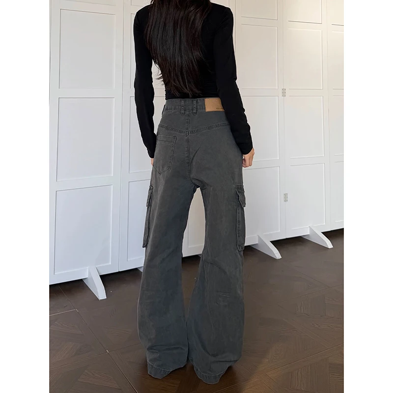 YIBASHU Women Vintage Gray Gothic Cargo Jeans Y2k High Waist Wide Leg Denim Trousers Harajuku Baggy Jeans Pants 2000s Clothes 4
