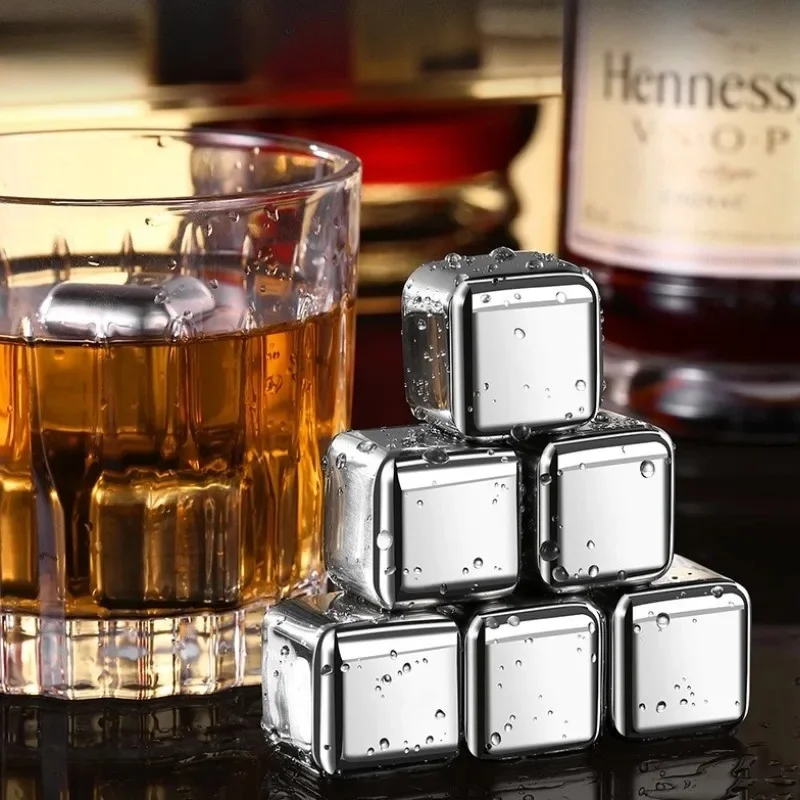 6 Piece Whiskey Ice Cubes Set Silicone Head Tongs Ice Cube Trays Stainless Steel Cubes Reusable