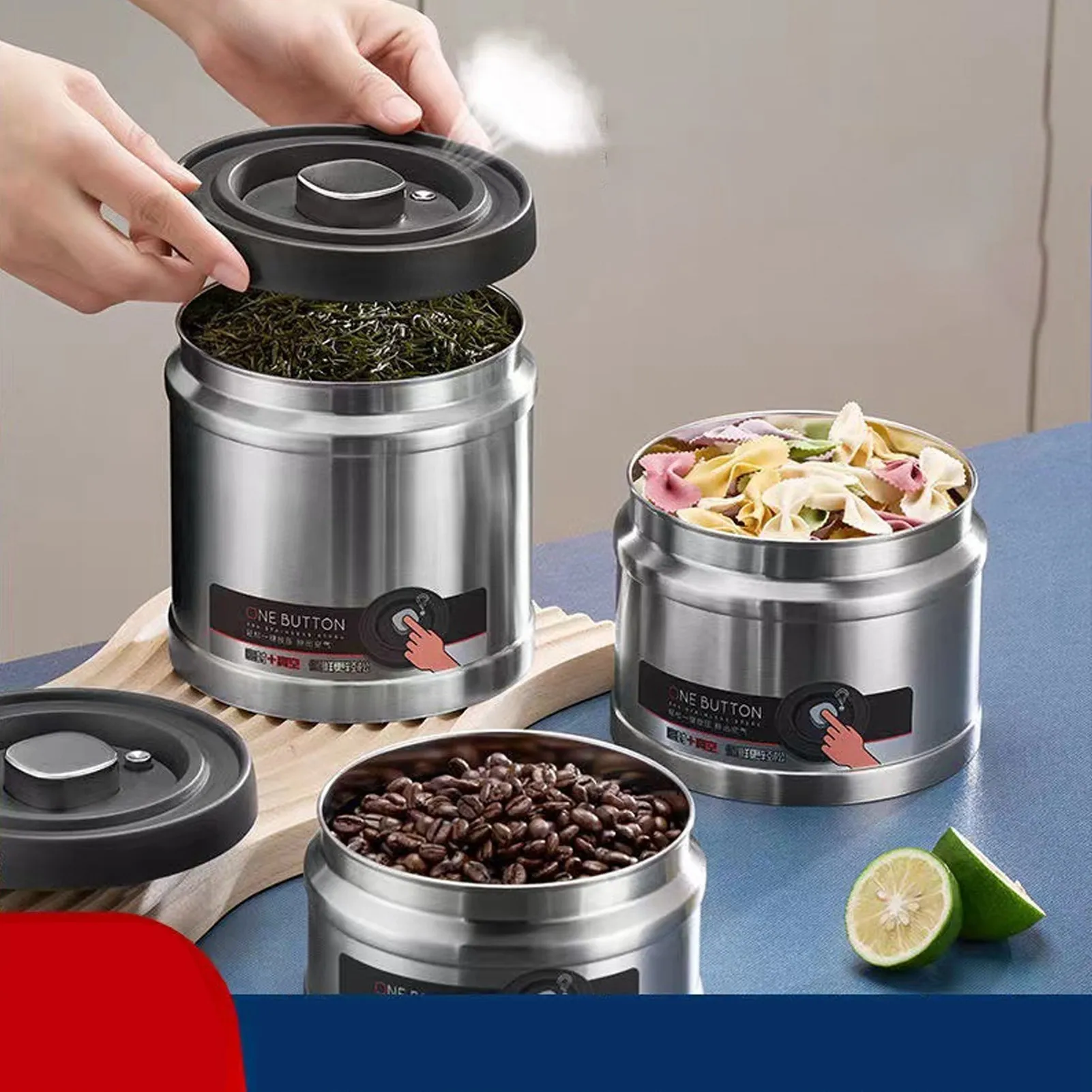 Food Storage Container 304 Stainless Steel Press Type Large Capacity Simple Vacuum Sealed Coffee Container for Home