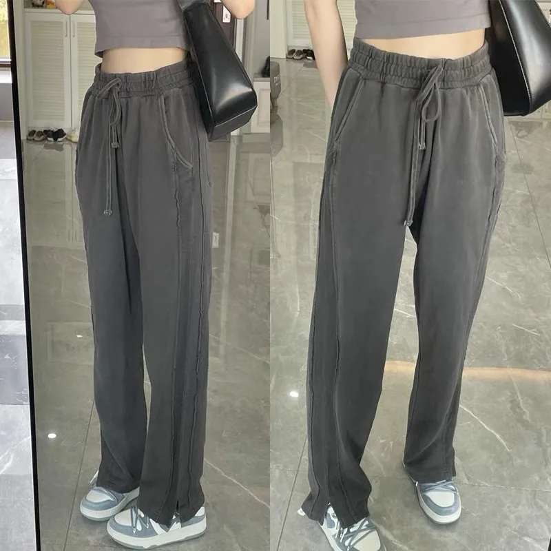 Fashion Retro Loose Jogging Pants Wide-leg Sports Pants Women's Trousers Gray High-waist Hip-hop Sports Streetwear Casual Pants casual baggy low rise jeans pocket patchwork fashion streetwear cargo pants women jogging loose denim trousers 90s retro