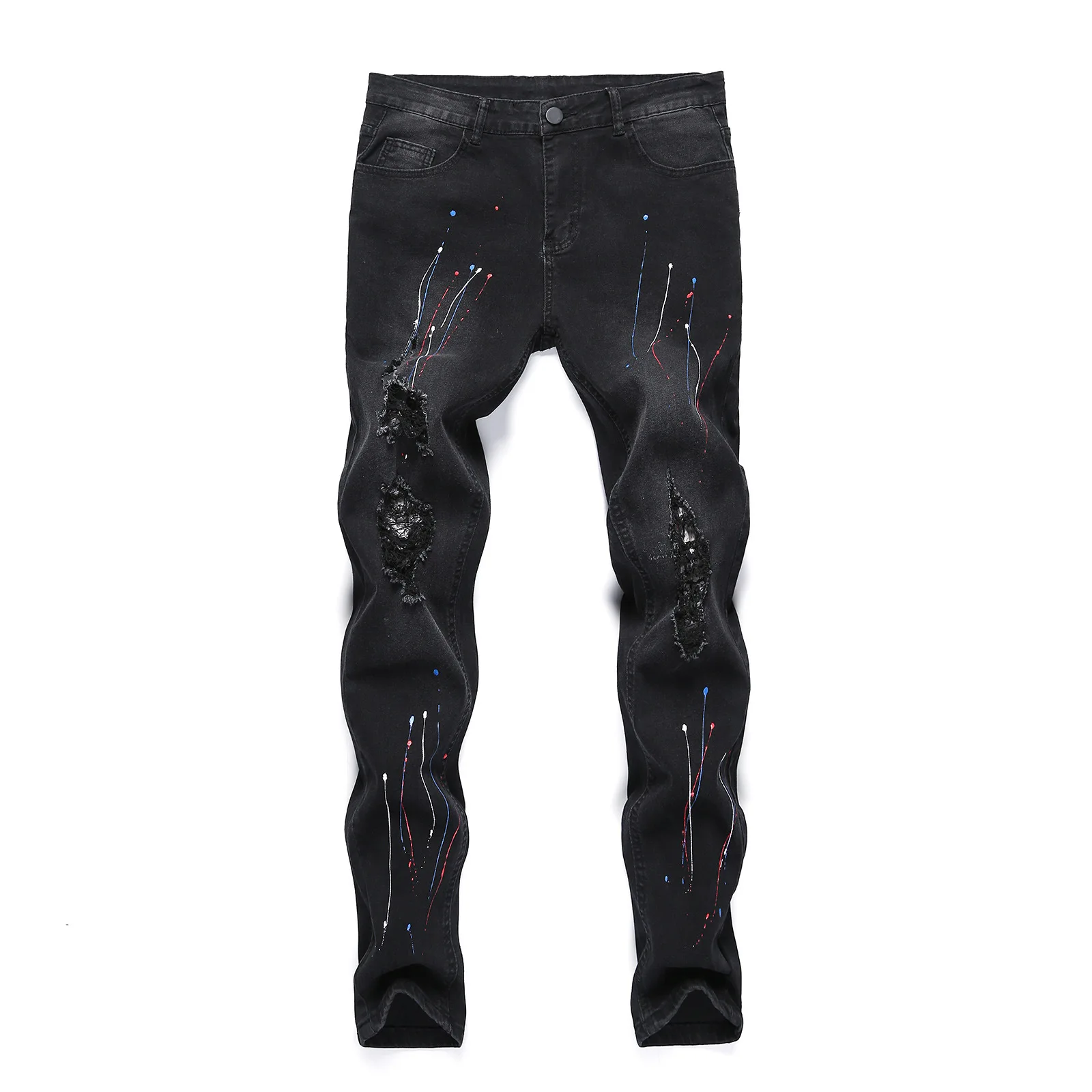 Men Spliced Pencil Pants Denim Ankle Length Jeans Print Pockets Streetwear Mid Waist Washed Distressed Ripped Skinny Vintage