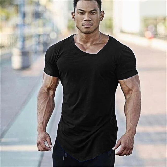 Men's Summer Cotton Pure Color V Collar Short Sleeve T-shirt Gym Bodybuilding Clothing Fitness Slim Tee - AliExpress