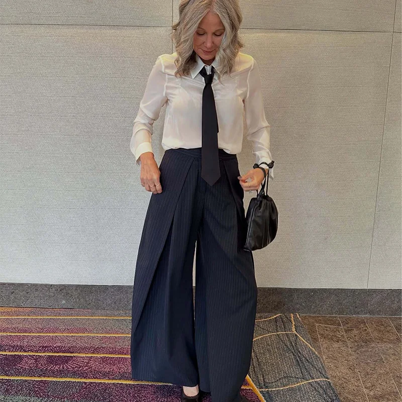 Baggy Wide Leg Pleated Stripe Suit Trousers For Office Wear — photo 4
