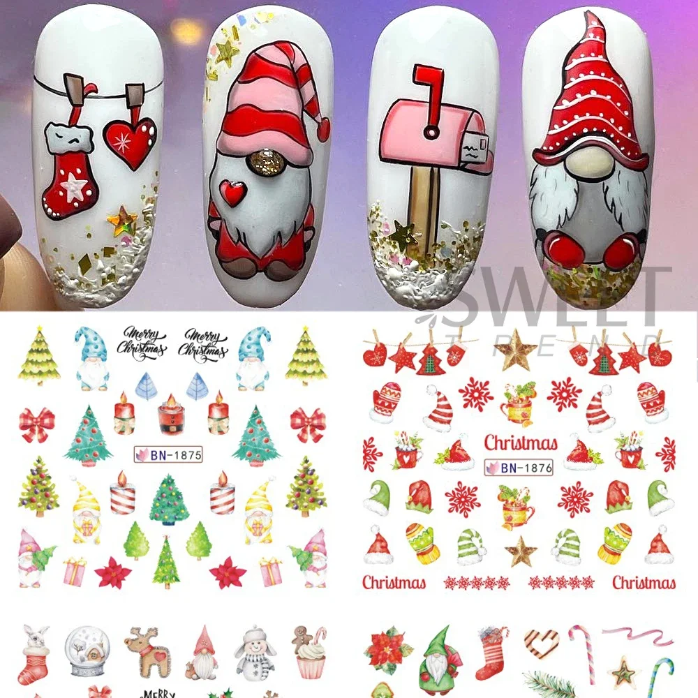 1/2 Sheets Christmas Nail Stickers Water Transfer Decals Holiday Cartoon Design Snowman Snowflake Sliders Manicure Decorations