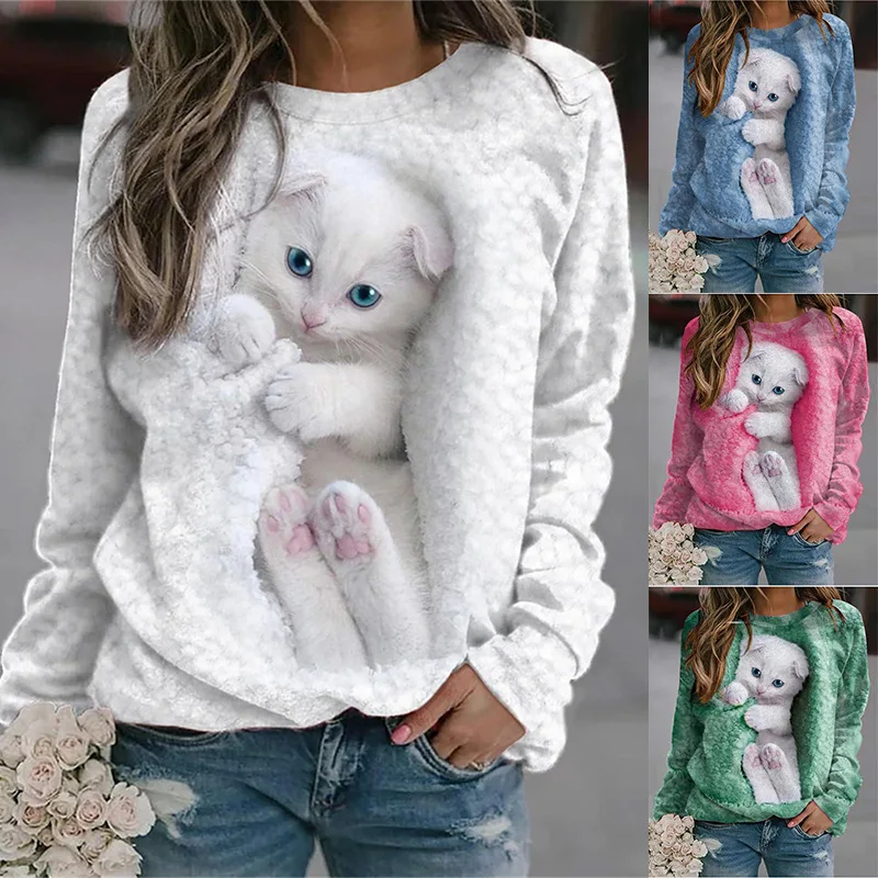 

Women's Sweatshirt Pullover Basic White Cat 3D Print Street Round Neck Long Sleeve Fashion Hoodie