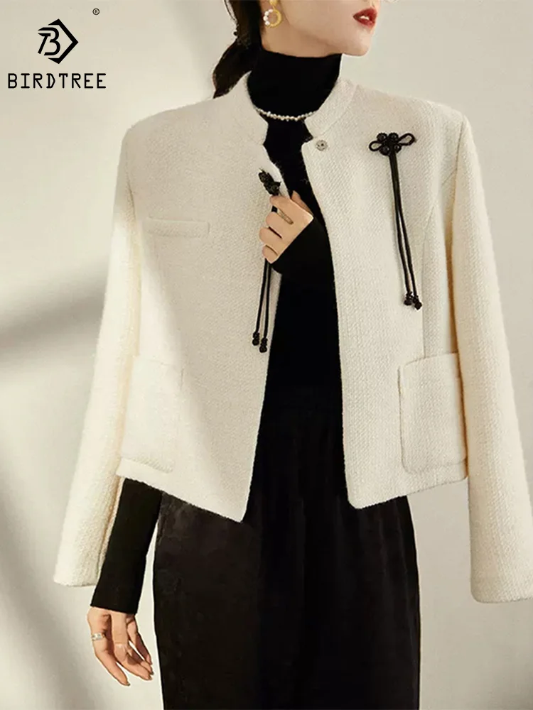 

BirdTree Wool Polyester Blend Short Cardigans For Women, Chinese Style Woolen, Elegant Retro Coats, 2024 Spring New C416103QM