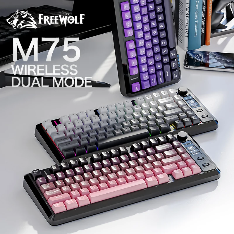 FREEWOLF M75 무선 블루투스 키보드 82키 듀얼 모드 2.4G BT PBT 키캡 스마트 디스플레이 2000mAh 게이밍 키보드 Win Mac